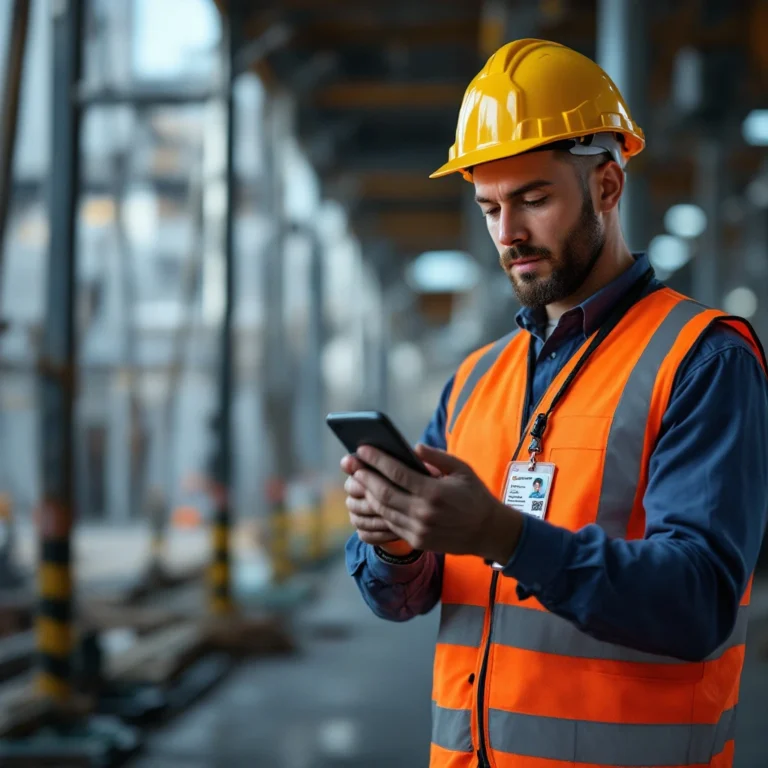 Construction worker scanning a vertical ID badge with QR code on a job site, demonstrating durable, weather‑proof badge printing in Canada.