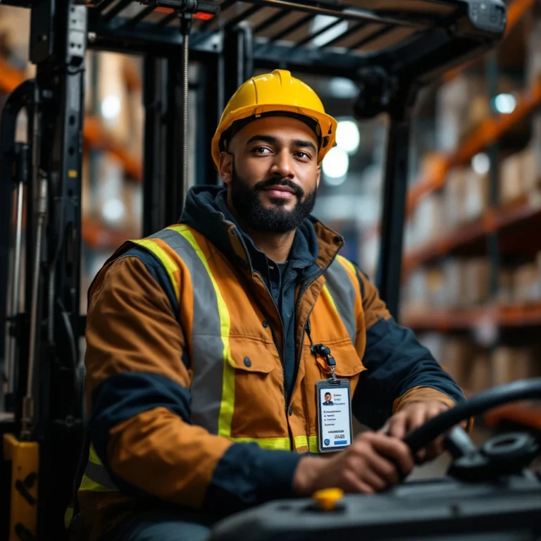 A forklift operator mid-scan with a vertical badge hanging from a retractable reel.