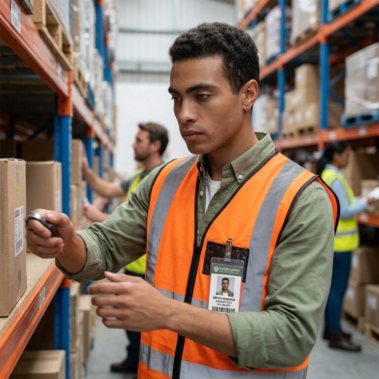 Warehouse worker in an orange reflective vest scans a barcode on a box with a handheld scanner.