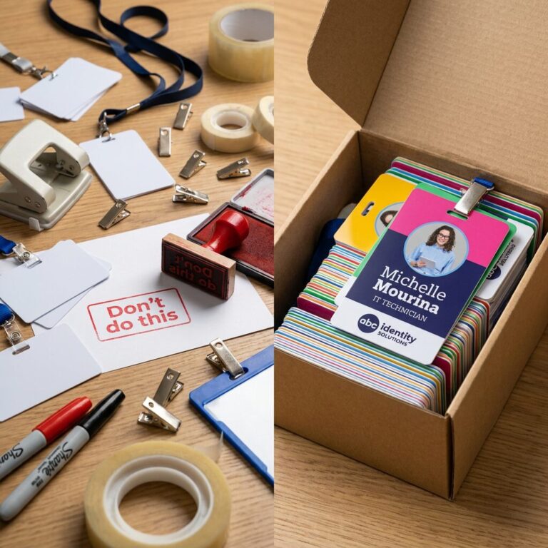 Split image: one side shows a desk covered in badge supplies with a “Don’t do this” stamp; the other side shows a clean box of finished abc identity SOLUTIONS badges.