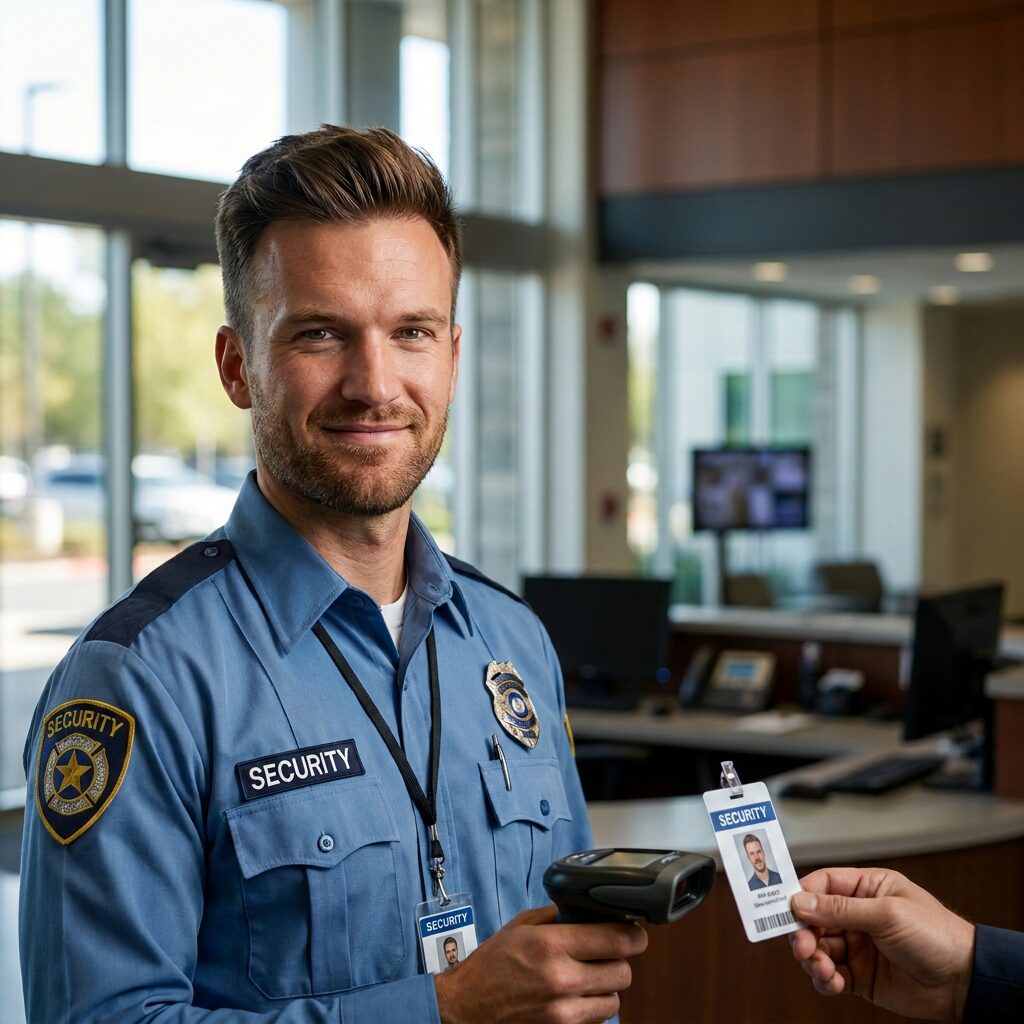 security officer scanning an ID badge