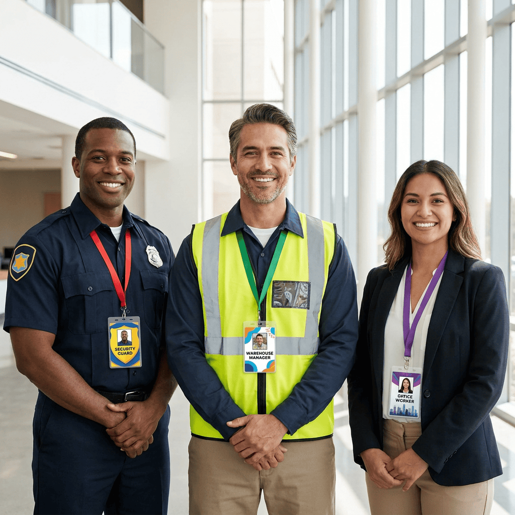 Professionals across industries wearing modern vertical identification badges.