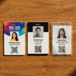 Three employee ID badges on a wooden table: Emma Chen Senior Designer (Nexus Innovations) with photo and QR code, David Lee Manager at ACME Corp, and Sara Kim Temp Staff for Global Services with QR codes.