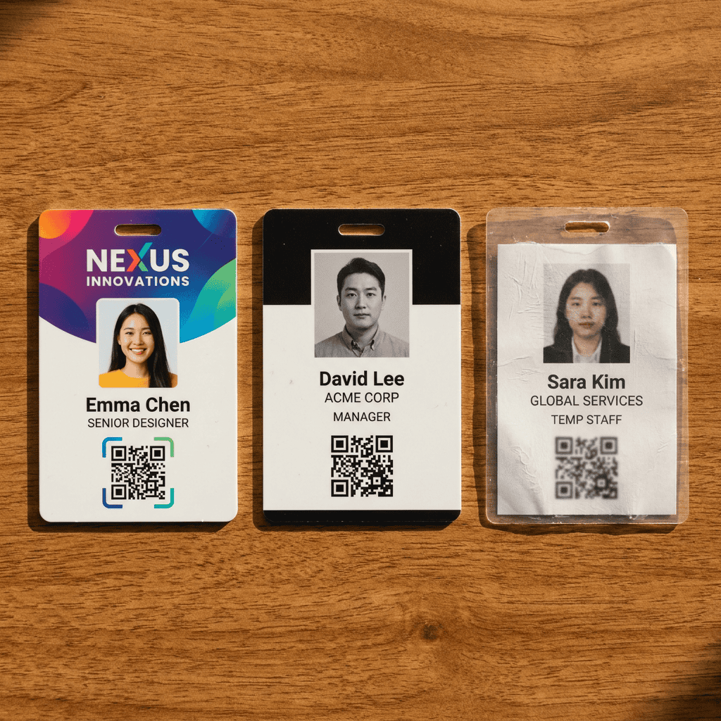 Three employee ID badges on a wooden table: Emma Chen Senior Designer (Nexus Innovations) with photo and QR code, David Lee Manager at ACME Corp, and Sara Kim Temp Staff for Global Services with QR codes.