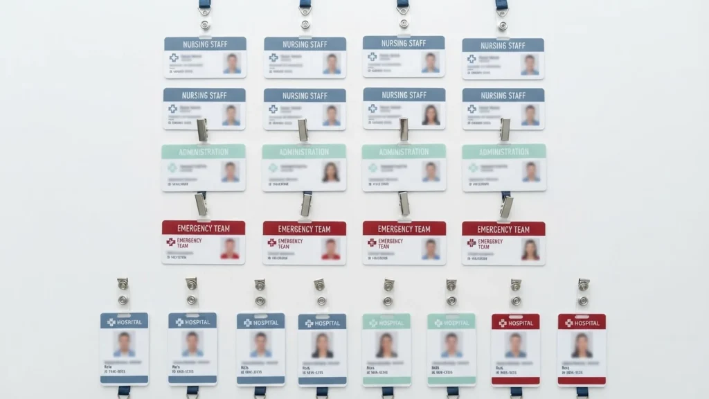 Grid of hospital ID badges on lanyards labeled by department (Nursing Staff, Administration, Emergency Team, Hospital).
