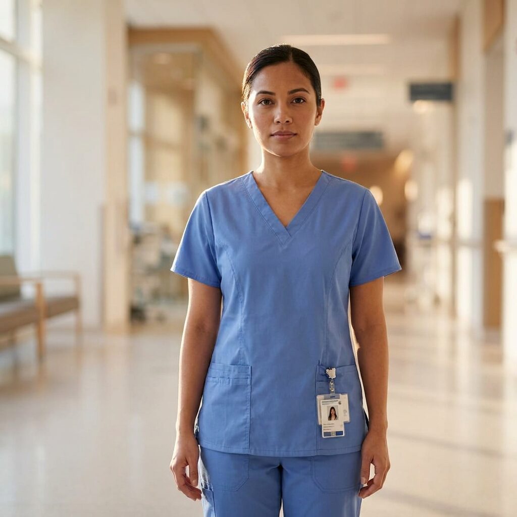 Female nurse in blue scrubs standing in a bright hospital corridor with an ID badge visible on her pocket